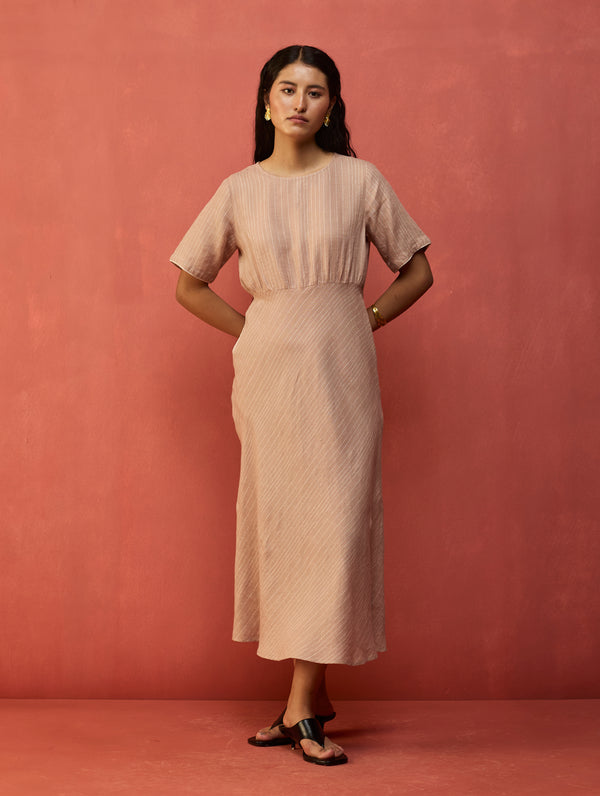 Fumi Bias Skirt Stripe Linen Dress - Dusty Rose