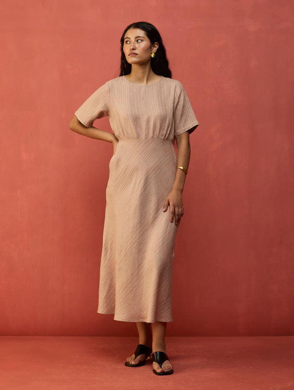 Fumi Bias Skirt Stripe Linen Dress - Dusty Rose