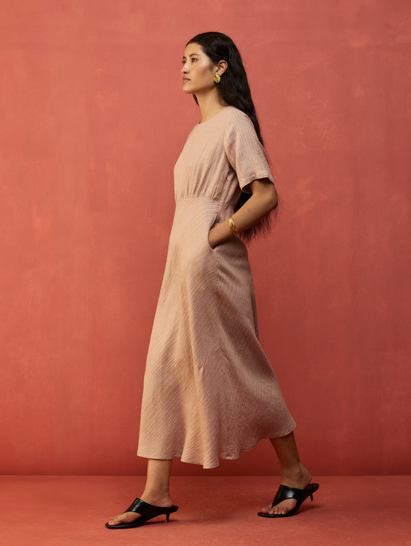 Fumi Bias Skirt Stripe Linen Dress - Dusty Rose