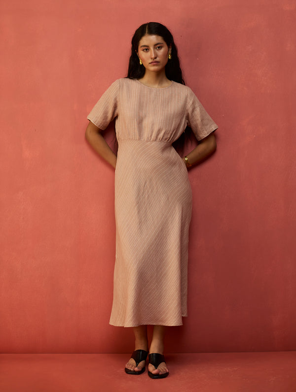 Fumi Bias Skirt Stripe Linen Dress - Dusty Rose