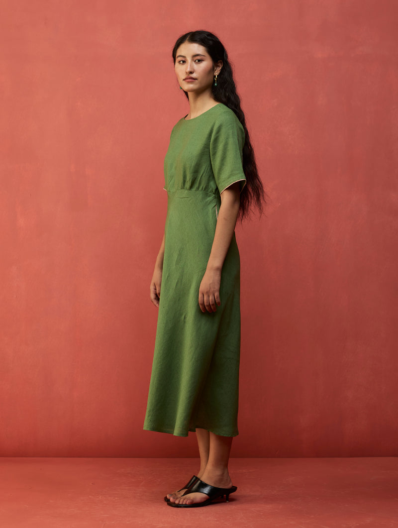 Fumi Bias Skirt Stripe Linen Dress - Fern Green Manan Fumi Bias Skirt Stripe Linen Dress - Fern Green Manan