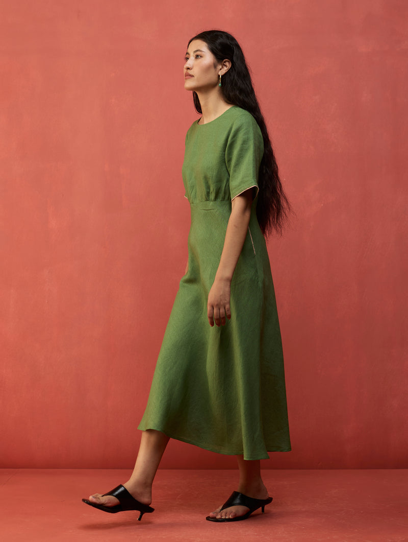 Fumi Bias Skirt Stripe Linen Dress - Fern Green