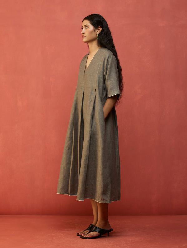 Maki Pleated Linen Dress - Grey