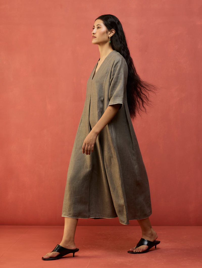 pleated linen dress Brown Pleated Linen Dress