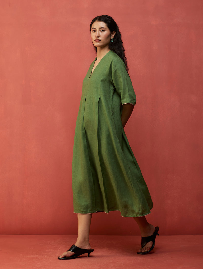 Maki Pleated Linen Dress - Fern Green