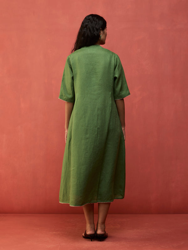 Maki Pleated Linen Dress - Fern Green