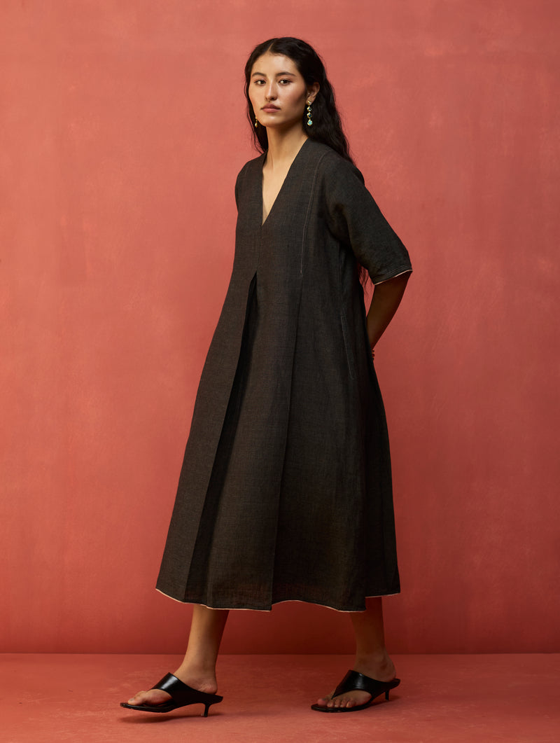 charcoal linen dress 100% Linen Collarless Mid-Length Dress SOFIA