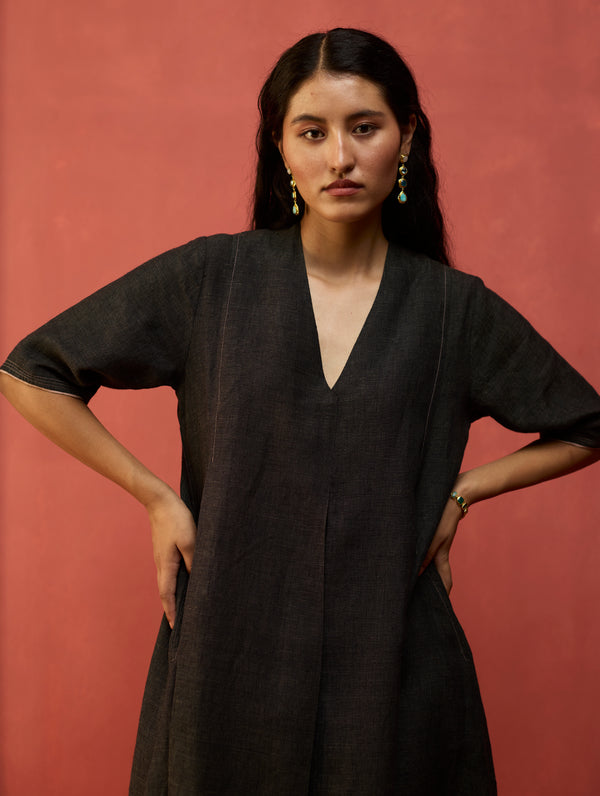 Maki Pleated Linen Dress - Charcoal