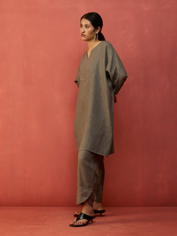 Ikis Overlapping Hem Linen Pant - Grey