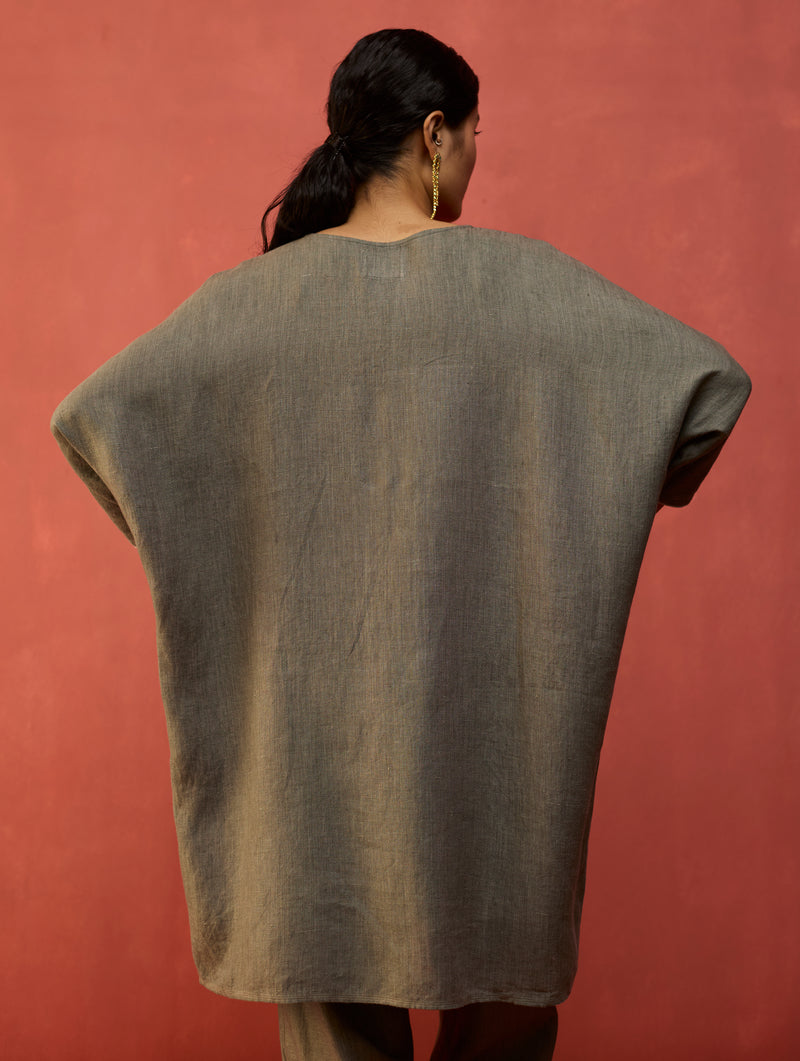 Etsu Yoke Linen Kurta - Grey
