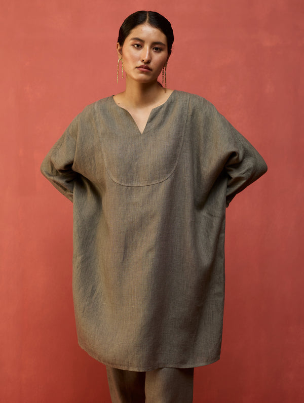 Etsu Yoke Linen Kurta - Grey