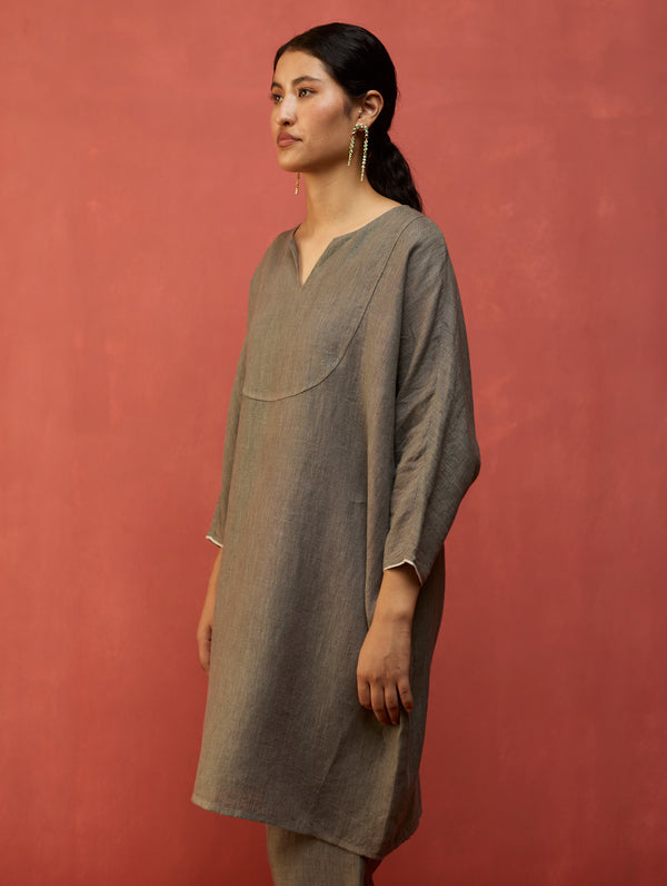 Etsu Yoke Linen Kurta - Grey