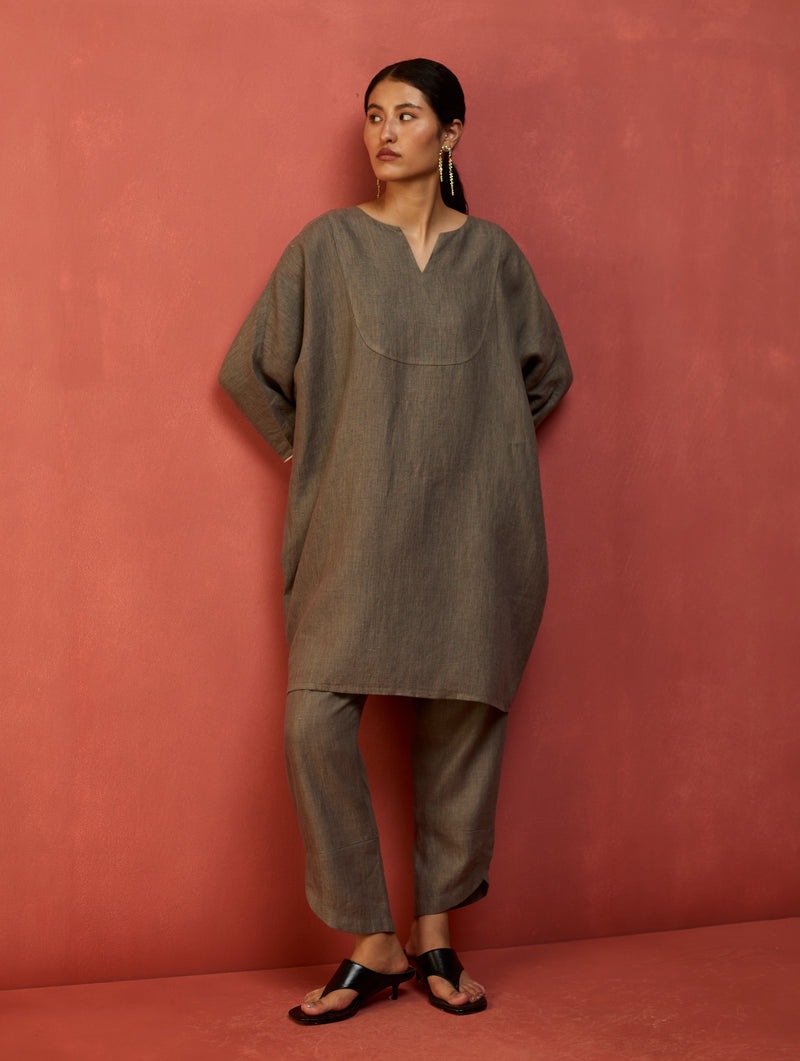 Etsu Yoke Linen Kurta - Grey