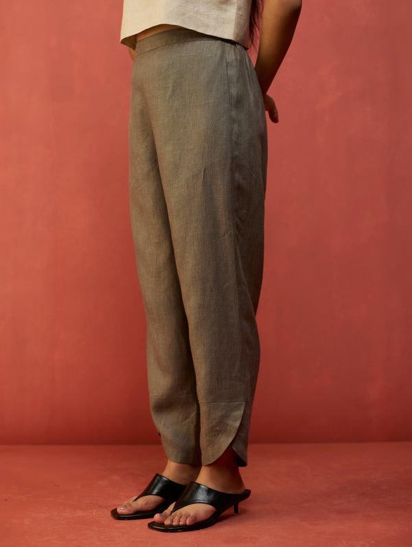 Ikis Overlapping Hem Linen Pant - Grey