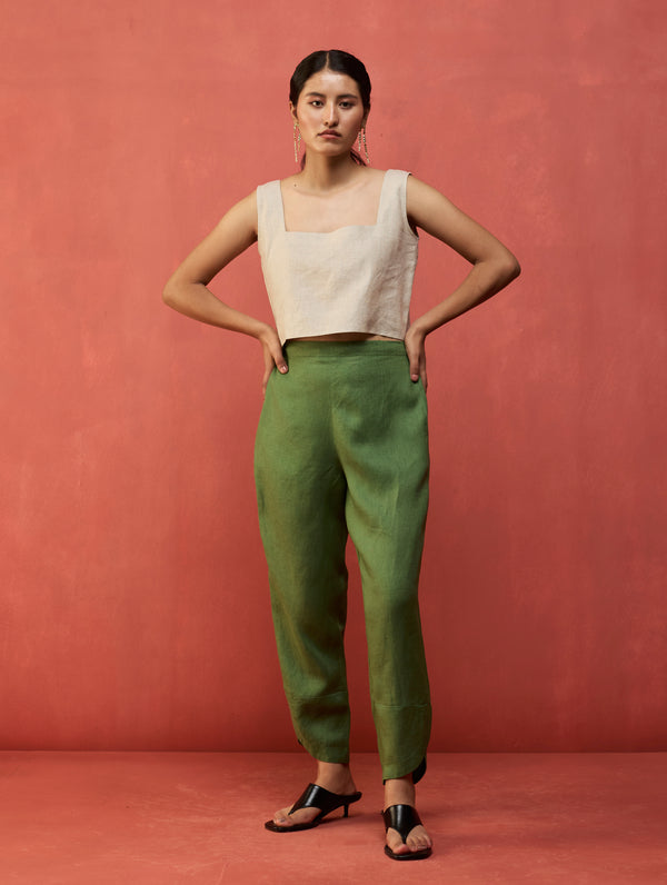 Ikis Overlapping Hem Linen Pant - Fern Green