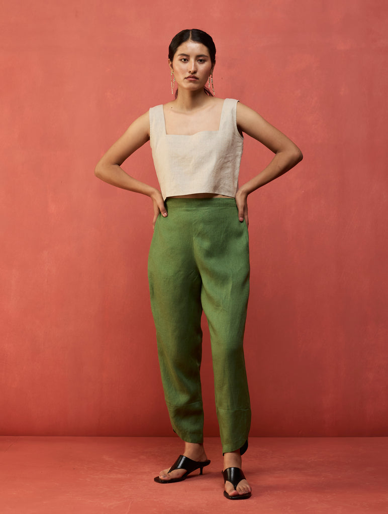Ikis Overlapping Hem Linen Pant - Fern Green