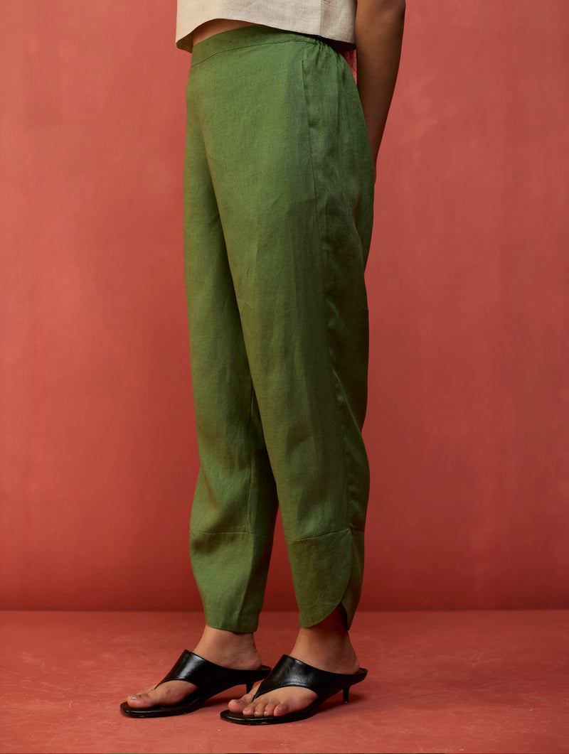 Ikis Overlapping Hem Linen Pants - Fern Green