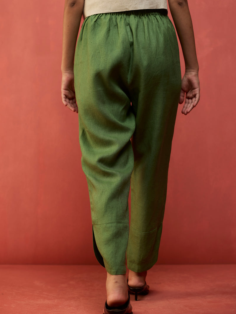 Ikis Overlapping Hem Linen Pants - Fern Green
