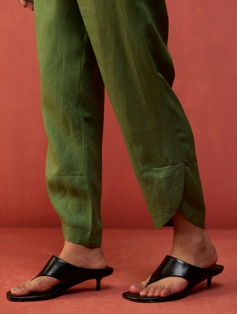 Ikis Overlapping Hem Linen Pants - Fern Green