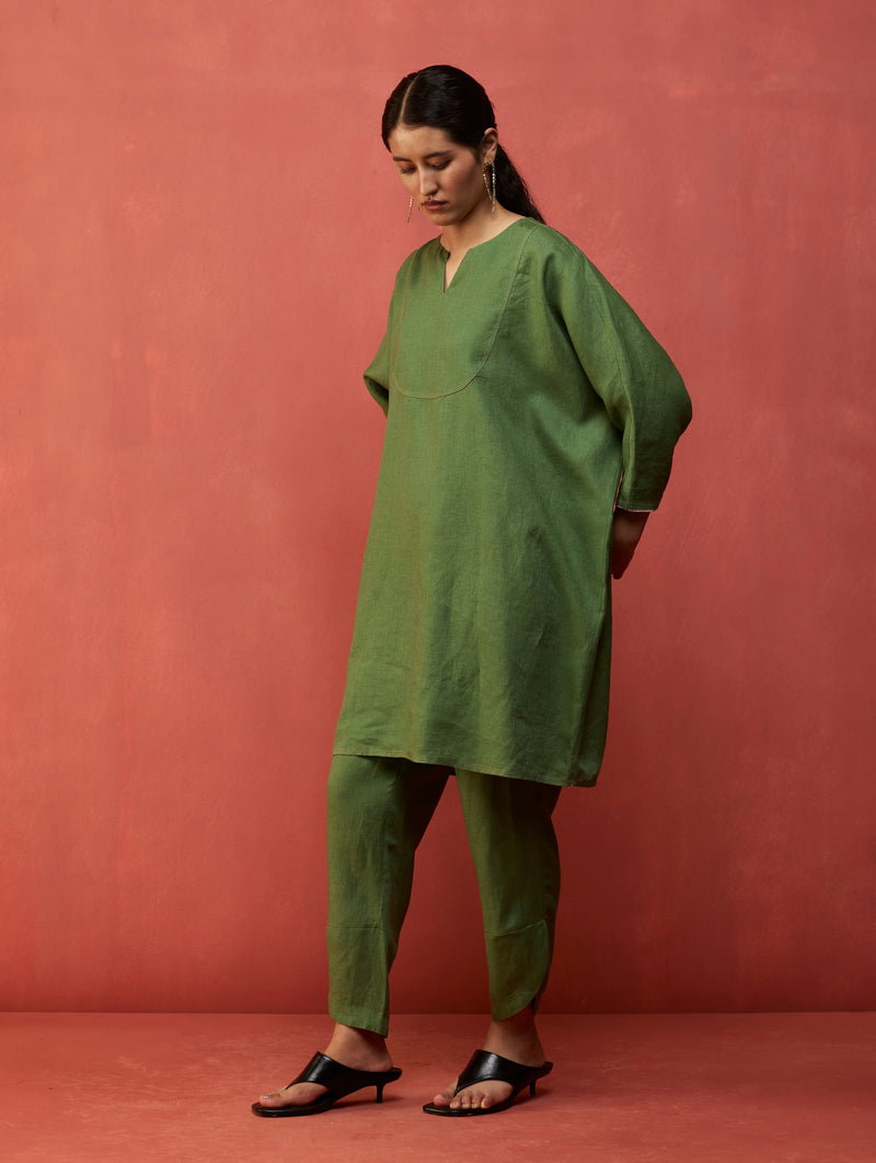 Ikis Overlapping Hem Linen Pants - Fern Green