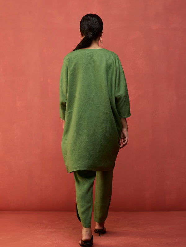 Etsu Yoke Linen Kurta Set - Fern Green