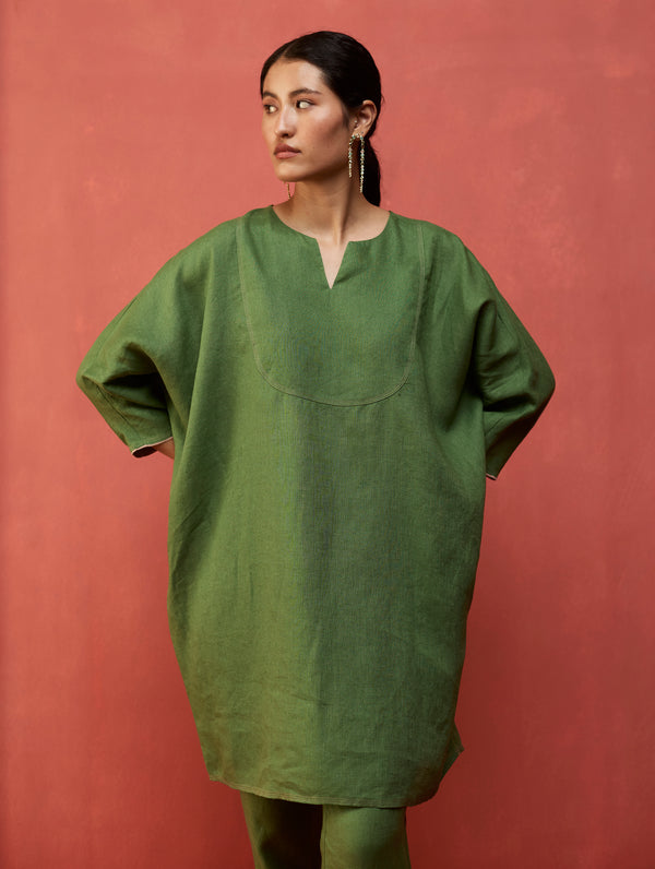 Etsu Yoke Linen Kurta - Fern Green
