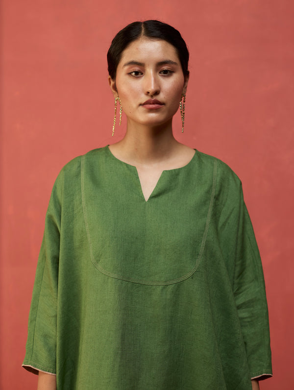 Etsu Yoke Linen Kurta Set - Fern Green