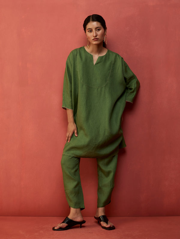 Etsu Yoke Linen Kurta Set - Fern Green