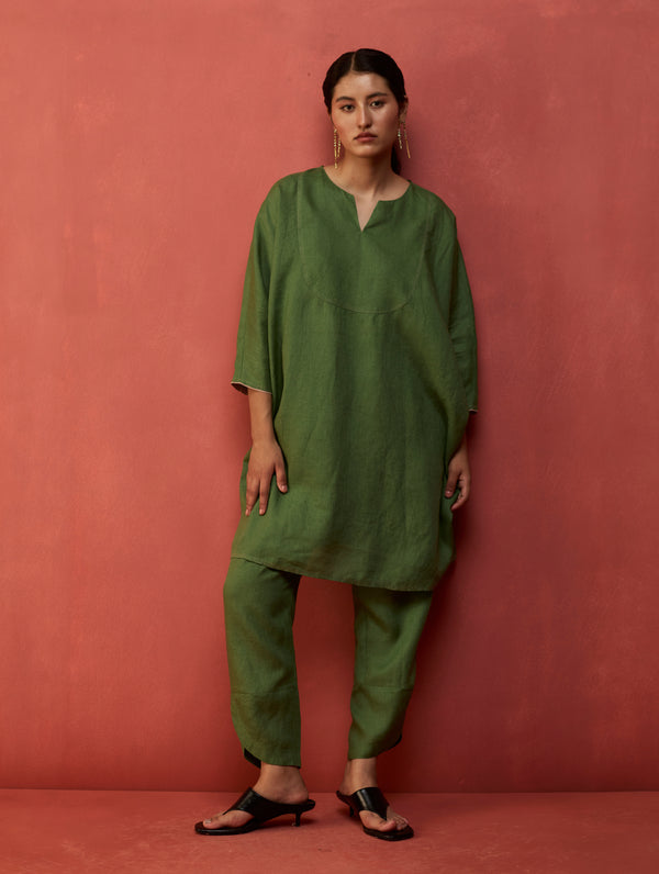 Etsu Yoke Linen Kurta Set - Fern Green