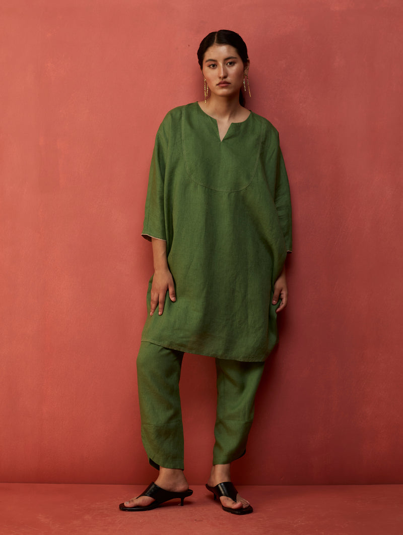 Etsu Yoke Linen Kurta Set - Fern Green