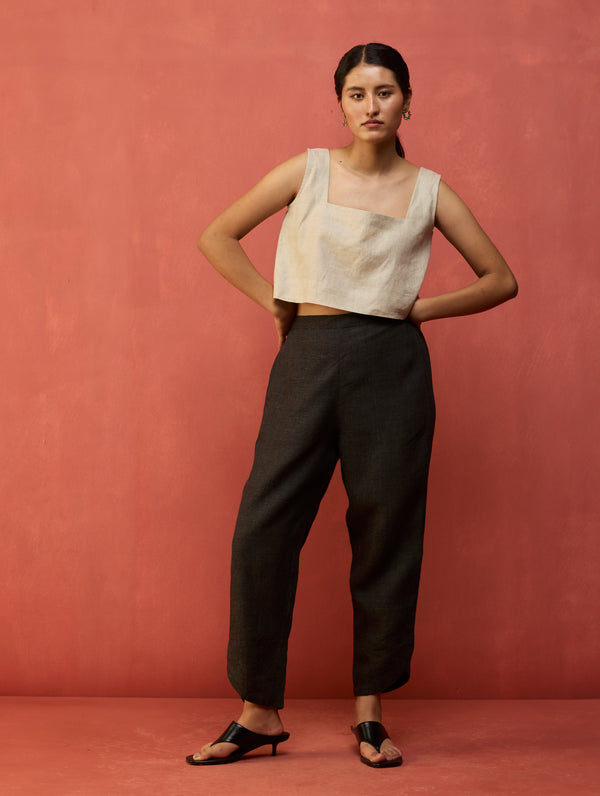 Etsu Yoke Linen Kurta Set - Charcoal