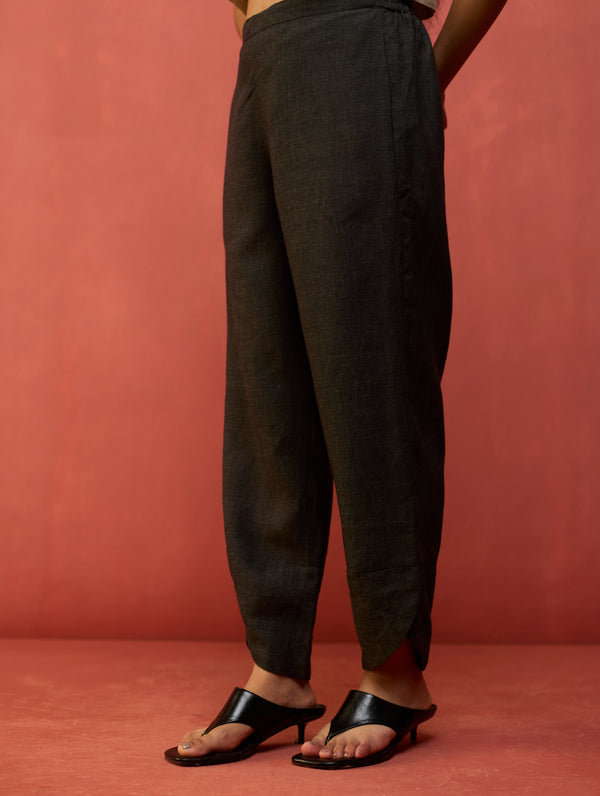 Ikis Overlapping Hem Linen Pants - Charcoal