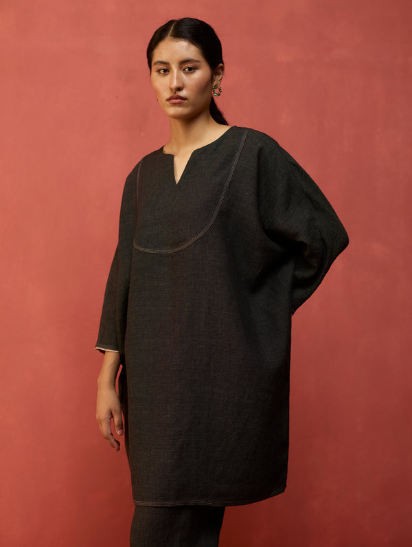Etsu Yoke Linen Kurta Set - Charcoal
