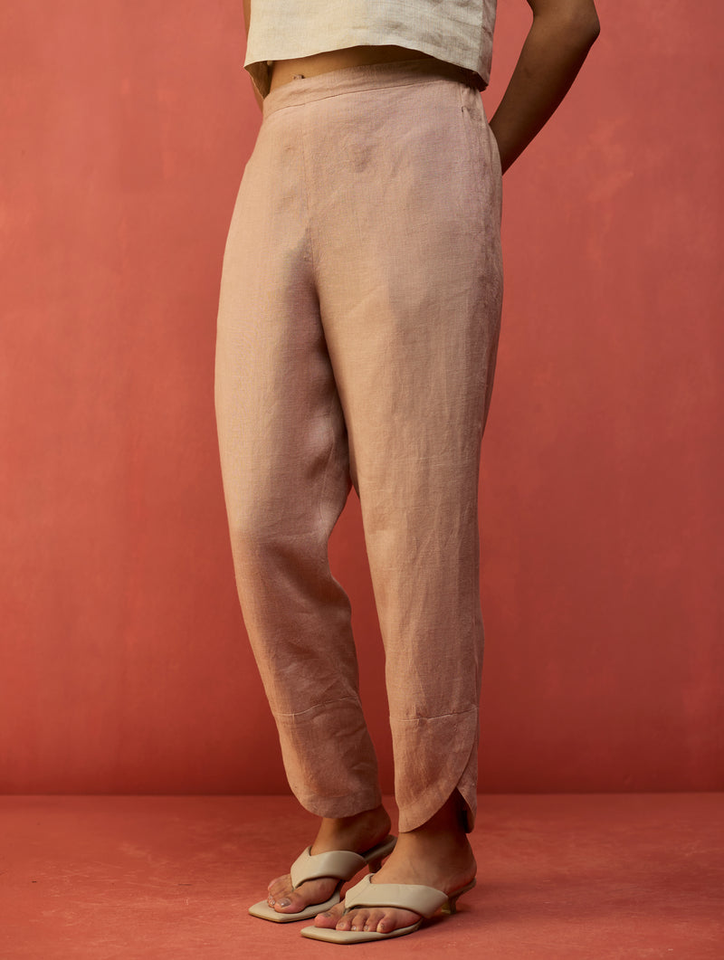 Ikis Overlapping Hem Linen Pants - Dusty Rose
