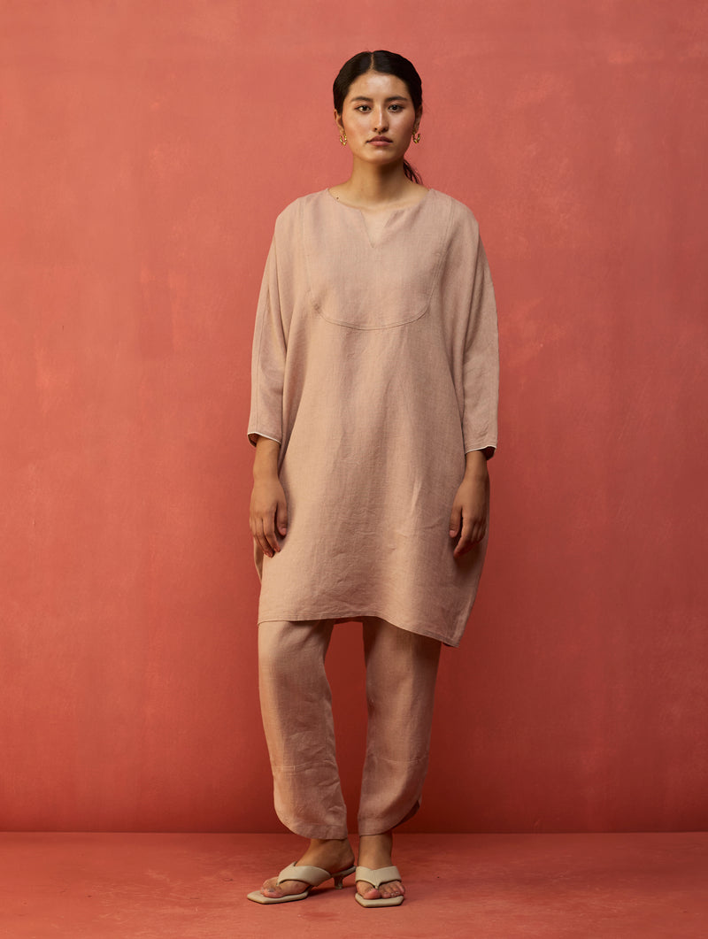 Etsu Yoke Linen Kurta - Dusty Rose