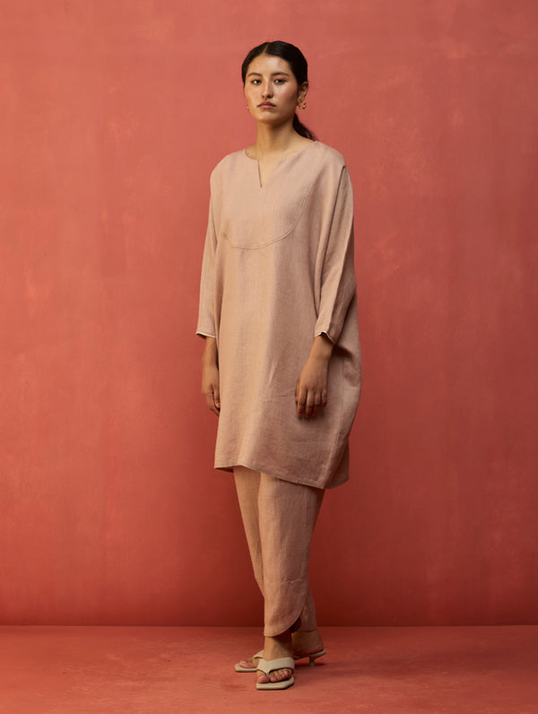 Etsu Yoke Linen Kurta - Dusty Rose
