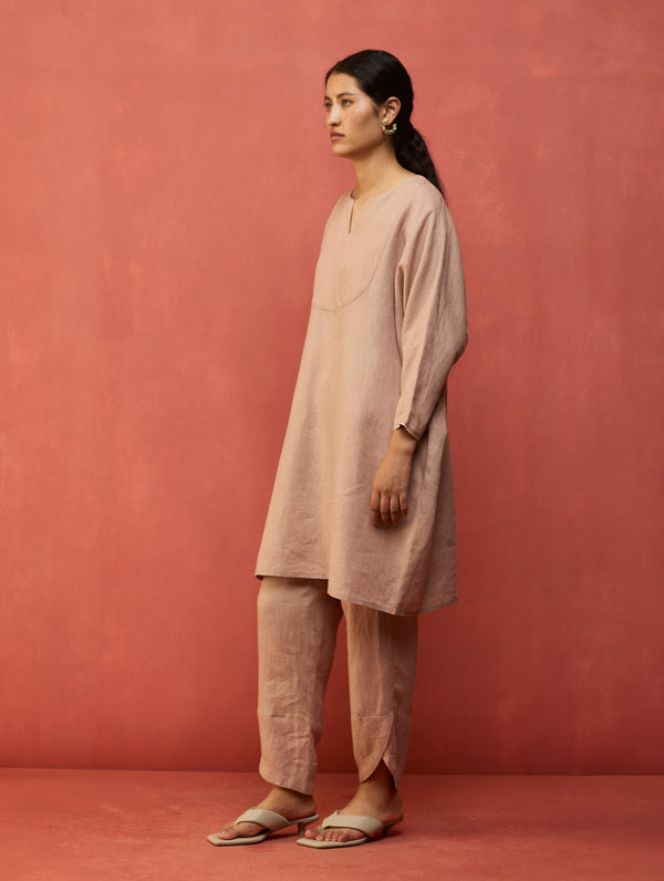 Etsu Yoke Linen Kurta Set - Dusty Rose
