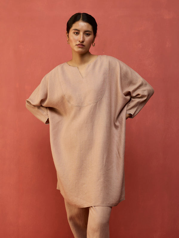 Etsu Yoke Linen Kurta Set - Dusty Rose