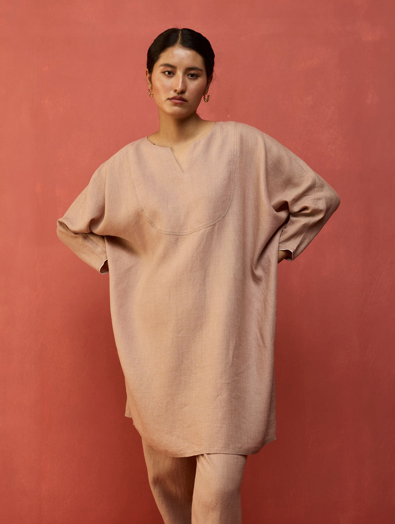 Etsu Yoke Linen Kurta - Dusty Rose