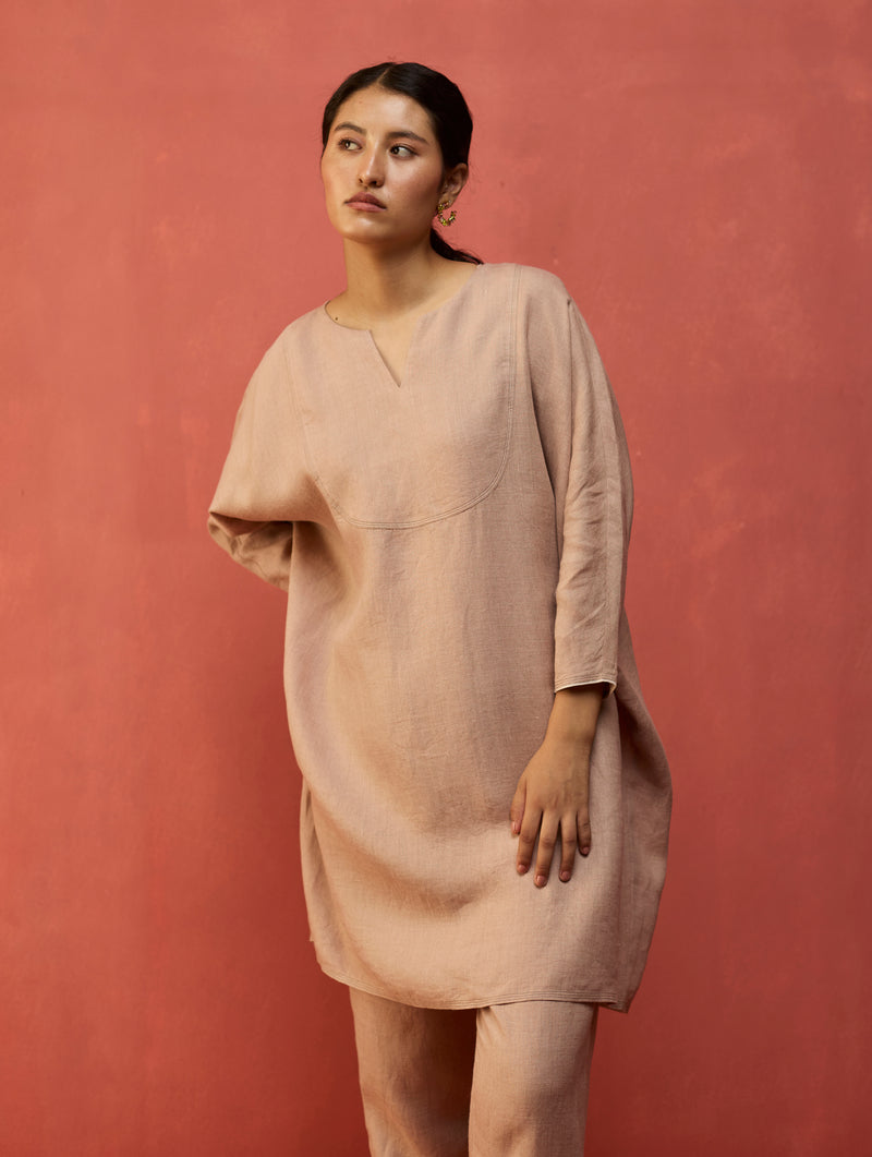 Etsu Yoke Linen Kurta - Dusty Rose