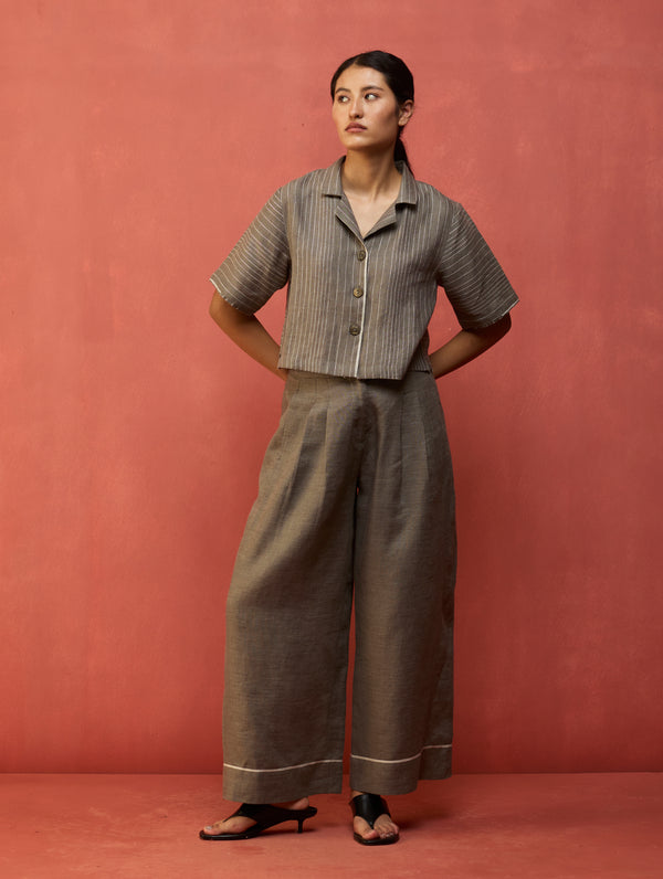 Kiera Cuban Collar Stripe Linen Co-ord Set - Grey