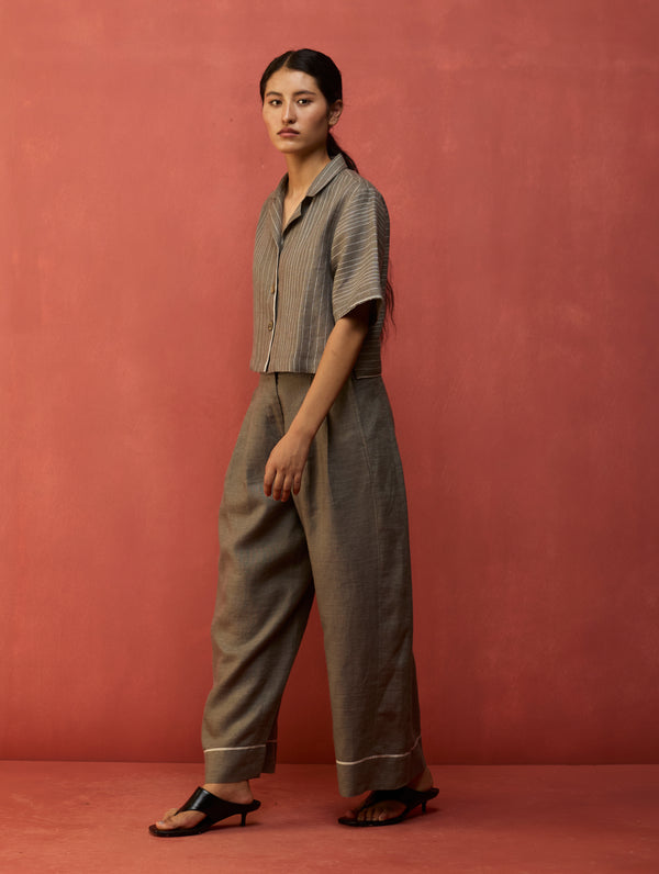 Kiera Cuban Collar Stripe Linen Shirt - Grey