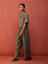 Kiera Cuban Collar Stripe Linen Co-ord Set - Grey