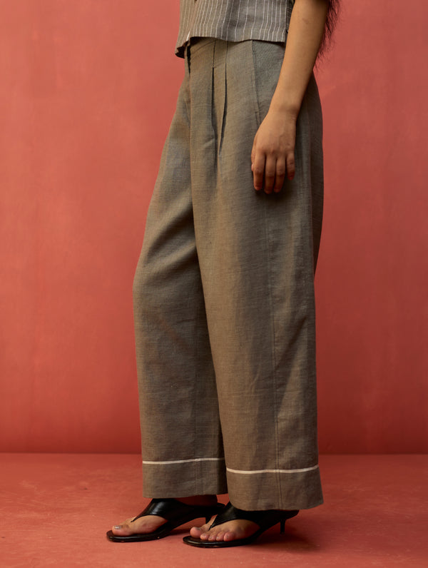 Kiera Cuban Collar Stripe Linen Co-ord Set - Grey
