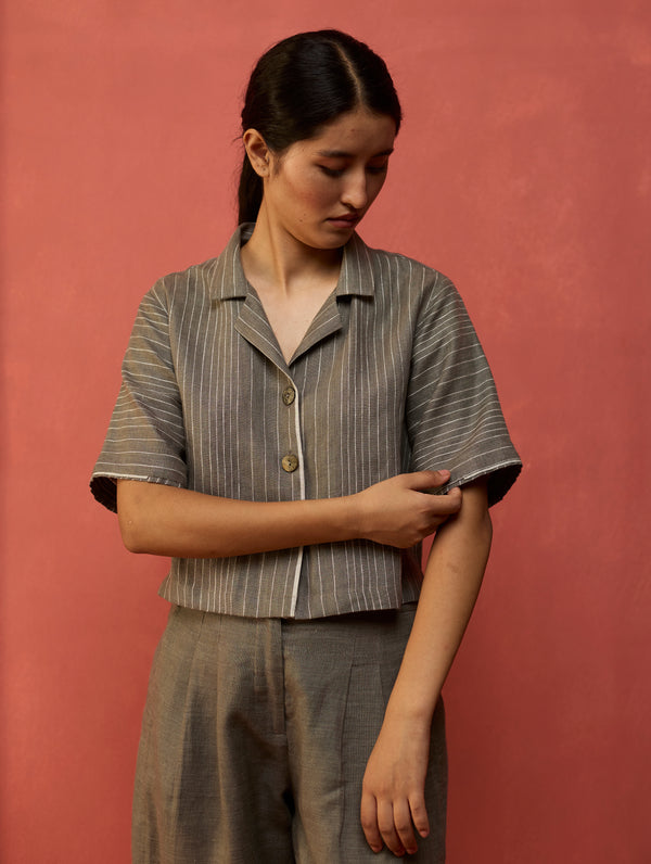 Kiera Cuban Collar Stripe Linen Co-ord Set - Grey