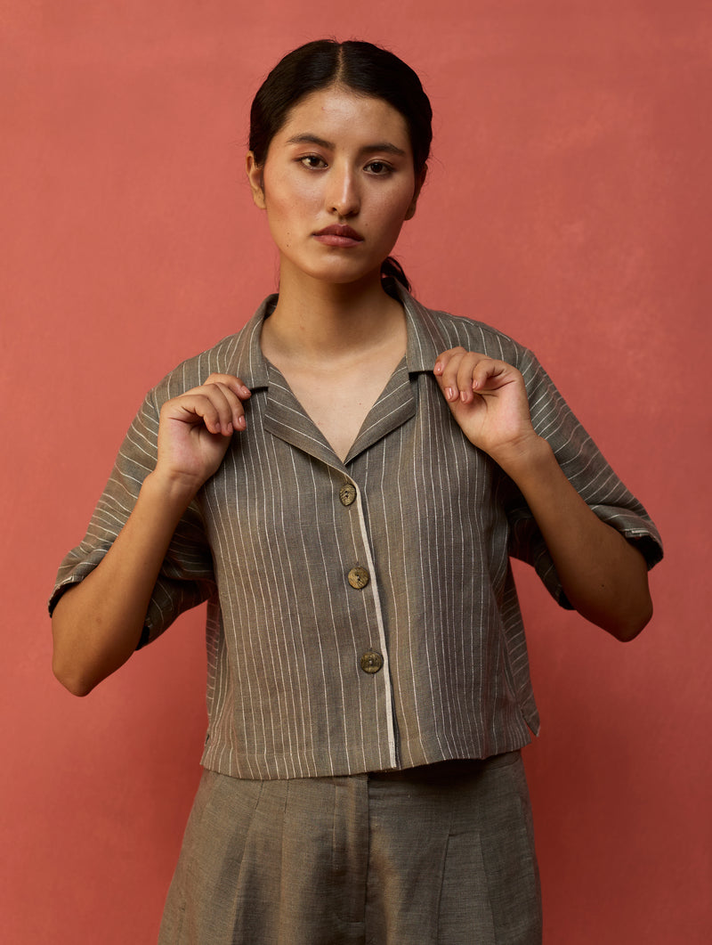 Kiera Cuban Collar Stripe Linen Co-ord Set - Grey