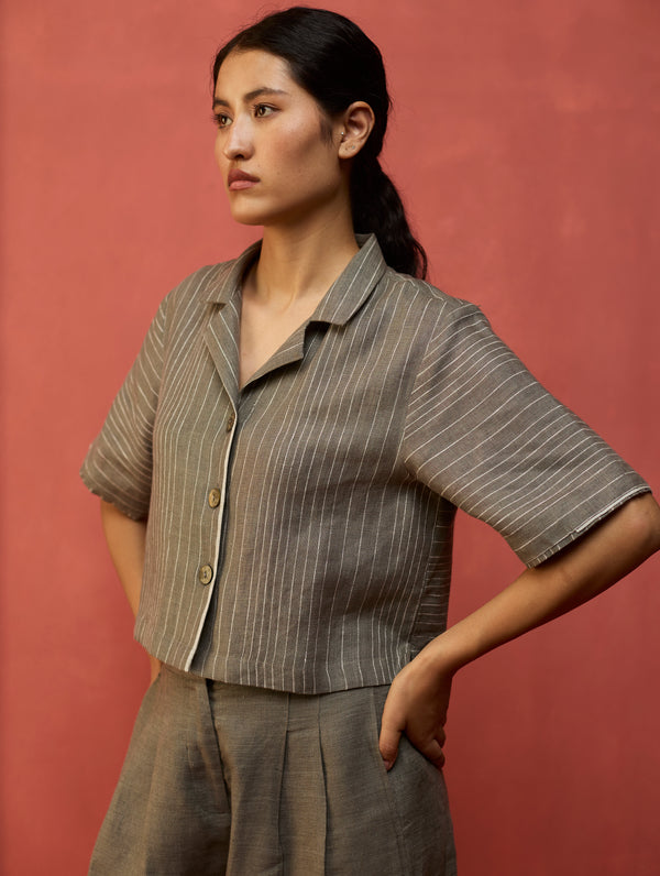 Kiera Cuban Collar Stripe Linen Shirt - Grey