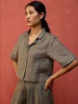 Kiera Cuban Collar Stripe Linen Shirt - Grey