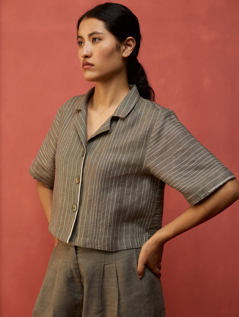 Kiera Cuban Collar Stripe Linen Shirt - Grey