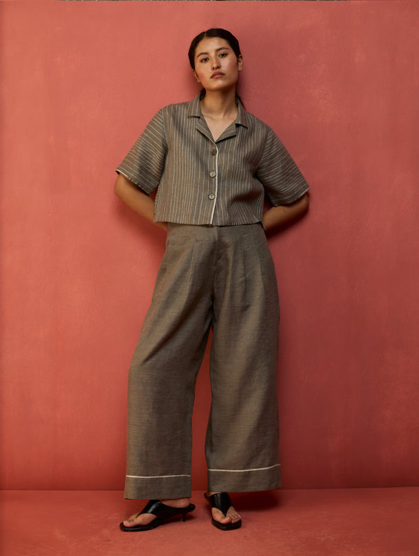 Kiera Cuban Collar Stripe Linen Shirt - Grey